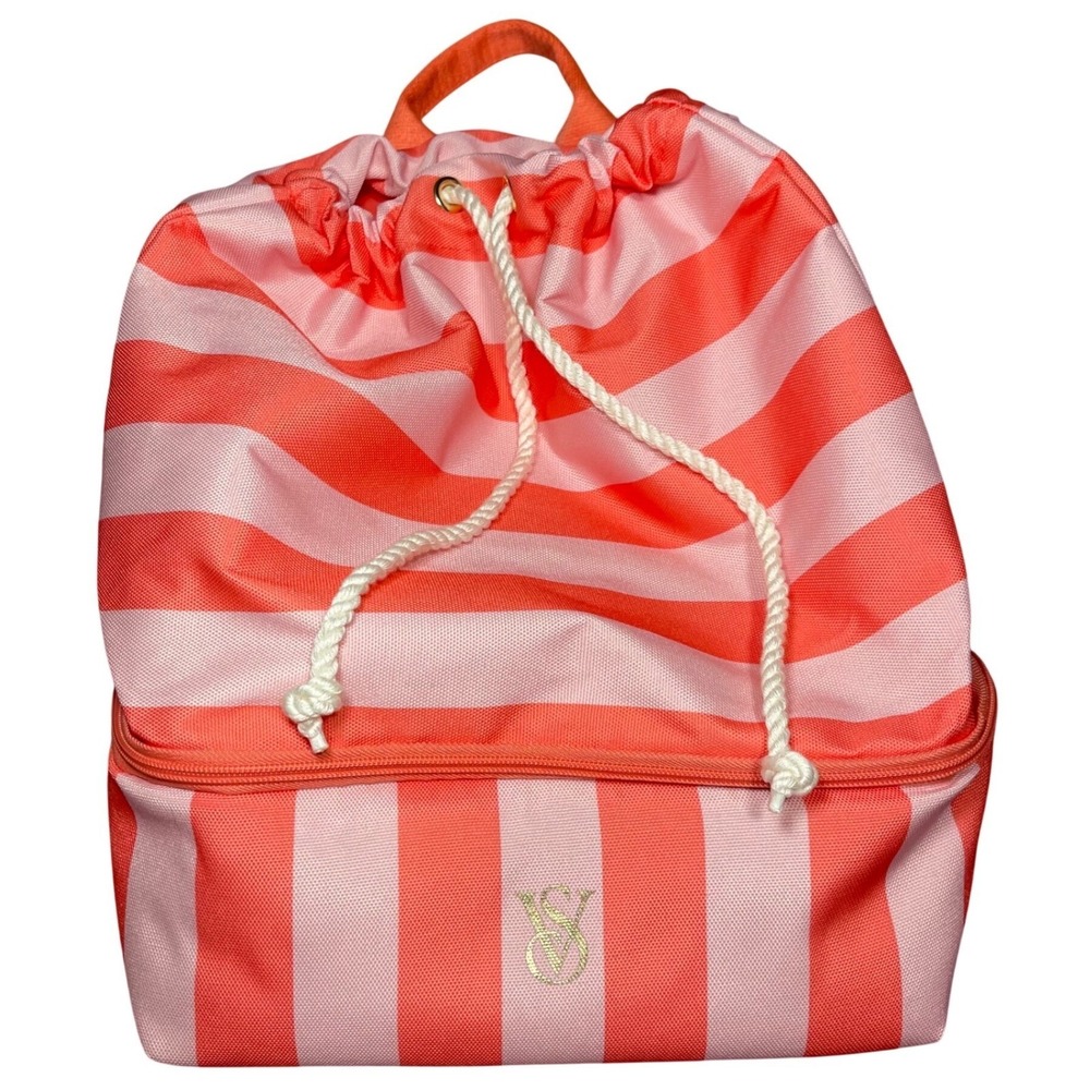 Victoria's Secret Pink Orange Striped Beach Cooler Bag Backpack Travel‎ Pouch